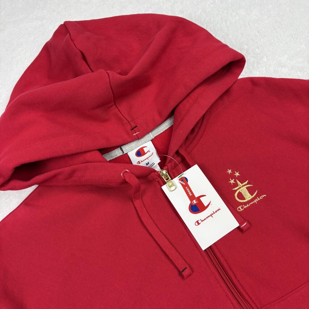 Champion Hoodie Womens M Red Gold Medal Cropped Full Zip Pockets Fleece